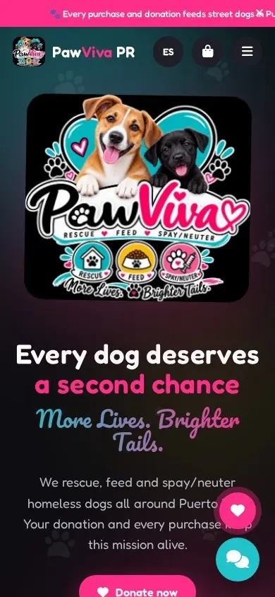 Logo de Paw Viva PR con dos perros sonriendo, corazones y patitas coloridas, eslogan sobre rescate canino